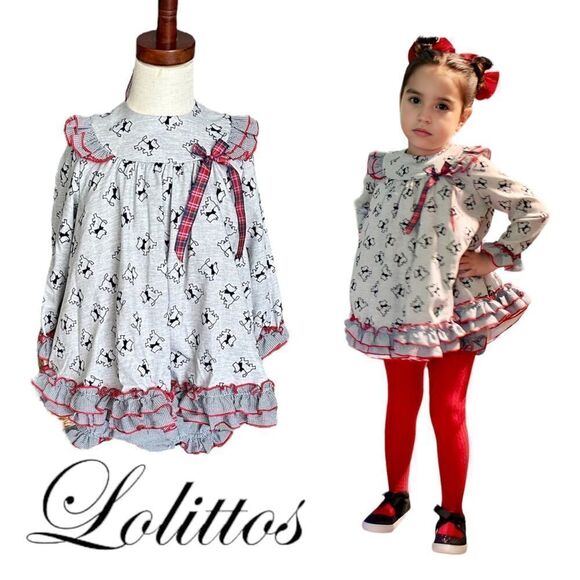 LOLITTOS | Gray & Red | DOGS PRINT TWO PIECES DRESS SET - Picture 1 of 16
